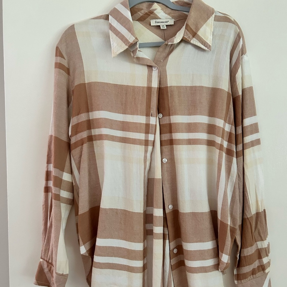 Francesca's Collections Tan and Cream Plaid Shirt